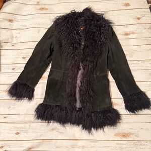 Vintage Suede (?) Black Faux Fur Trim Jacket